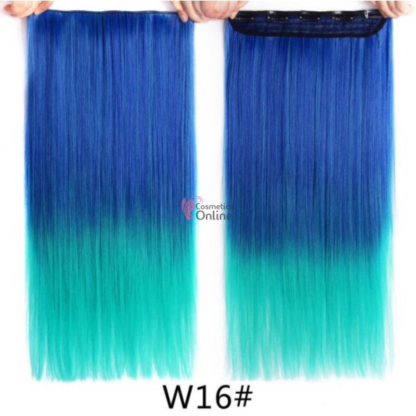 Extensie de par cu 5 Clips On delux dubla dreapta de 60 cm, Ombre Albastru cu Turcoaz Cod 60W16#